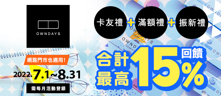 卡友於台灣OWNDAYS門市消費刷樂天卡並登錄，筆筆享不限金額5%刷卡金回饋。