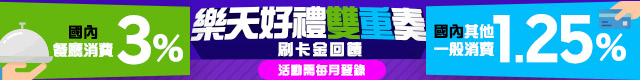 【樂天好禮雙重奏】 國內餐廳3%回饋，其他一般消費享1.25%回饋