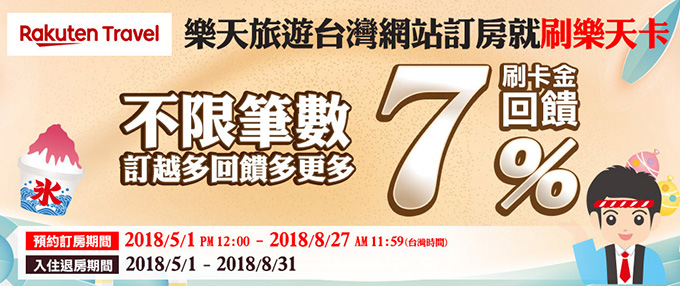 樂天旅遊台灣網站訂房享7%現金回饋!