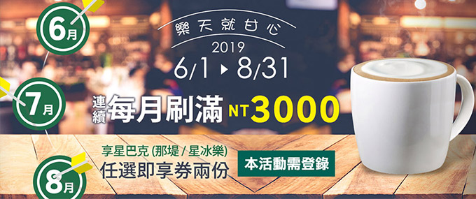 【樂天就甘心】月月消費滿額免費領星巴克兩杯！