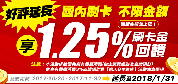 《好評延長》【樂天全額刷卡金回饋】不限金額享 1.25%